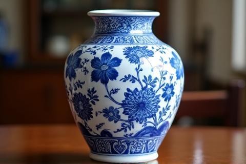Classic Delft Blue vase with intricate floral pattern on a wooden surface