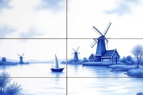 Detail of a custom Delft Blue tile mural featuring a landscape with windmills and boats