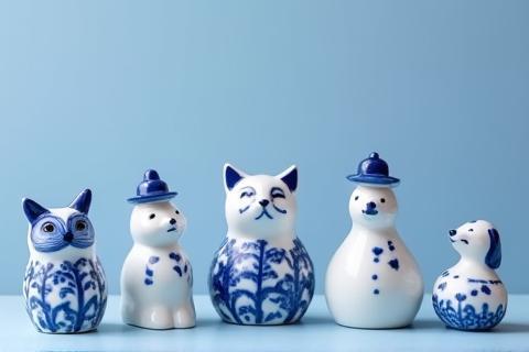 Collection of small Delft Blue figurines including animals and Dutch characters