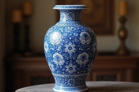 Beautifully restored antique Delft Blue urn with intricate patterns