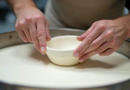 A skilled artisan carefully dipping a ceramic piece into a vat of signature opaque white tin glaze