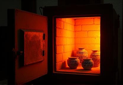 Open kiln door revealing Delft Blue pieces inside, heated to high temperatures