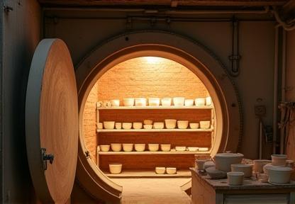 Ceramic pieces carefully being placed into a large kiln for the initial bisque firing