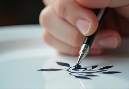 Detail of an artist meticulously hand-painting a detailed design using a fine brush and cobalt oxide on a white glazed plate