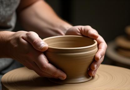 Expert hands shaping high-quality clay on a potter's wheel in a traditional studio