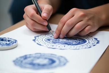Artisan sketching a custom porcelain design on paper with Delft Blue patterns as inspiration