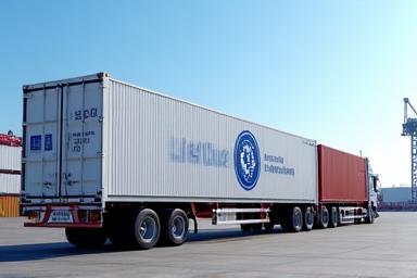 A shipping container with Delft Blue logo being loaded, representing export services