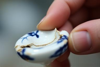 Expert hand carefully examining a damaged piece of antique porcelain for restoration assessment