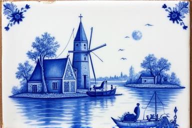 Hand-painted Delft Blue tile depicting a Dutch scene